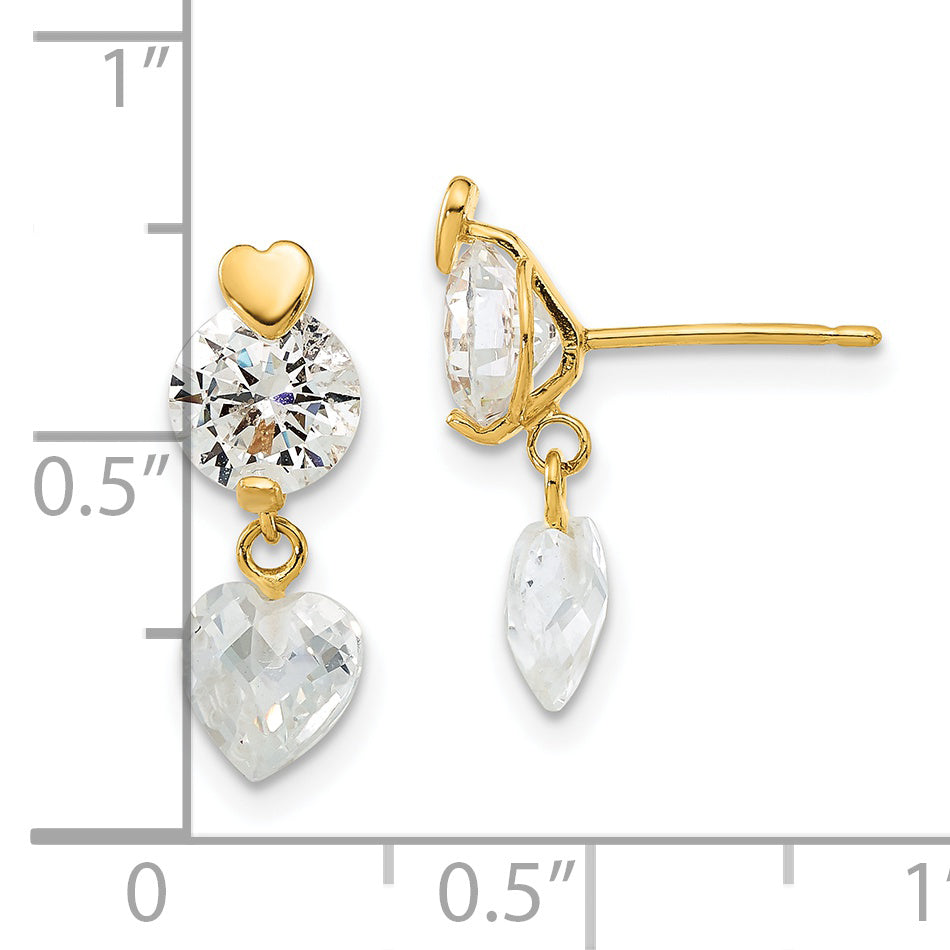14K Yellow Gold 14Ky Madi K Childrens Cz Heart Post Dangle Earrings