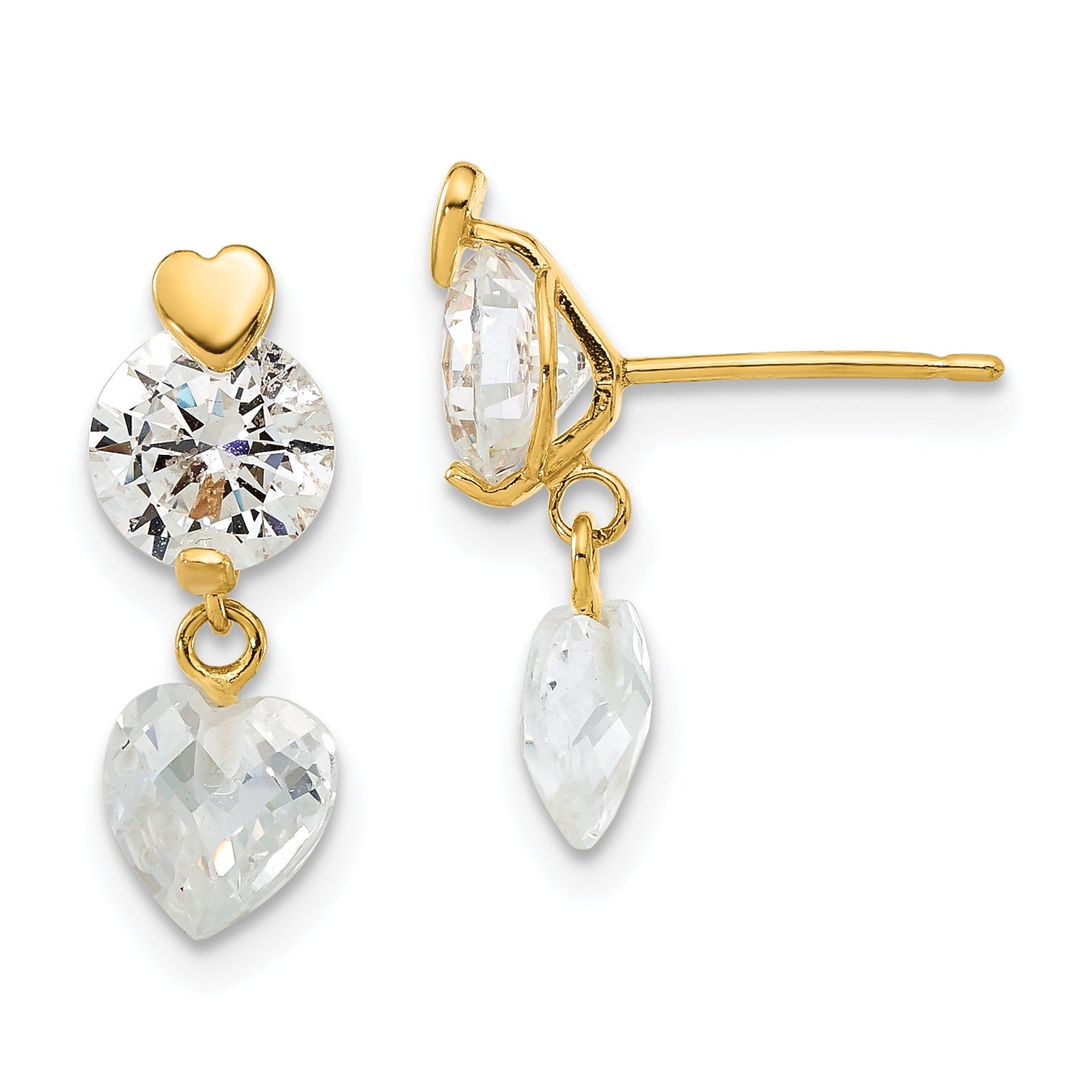 14K Yellow Gold 14Ky Madi K Childrens Cz Heart Post Dangle Earrings