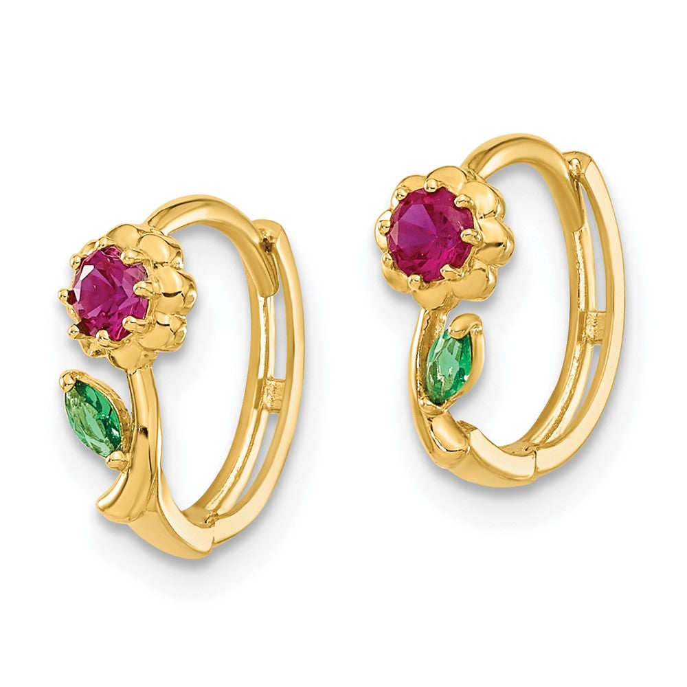 14K Yellow Gold Madi K Red & Green Cz Hinged Hoop Earrings