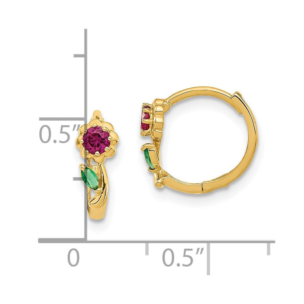 14K Yellow Gold Madi K Red & Green Cz Hinged Hoop Earrings