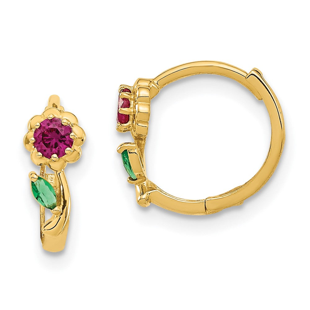 14K Yellow Gold Madi K Red & Green Cz Hinged Hoop Earrings