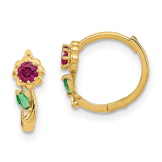 14K Yellow Gold Madi K Red & Green Cz Hinged Hoop Earrings