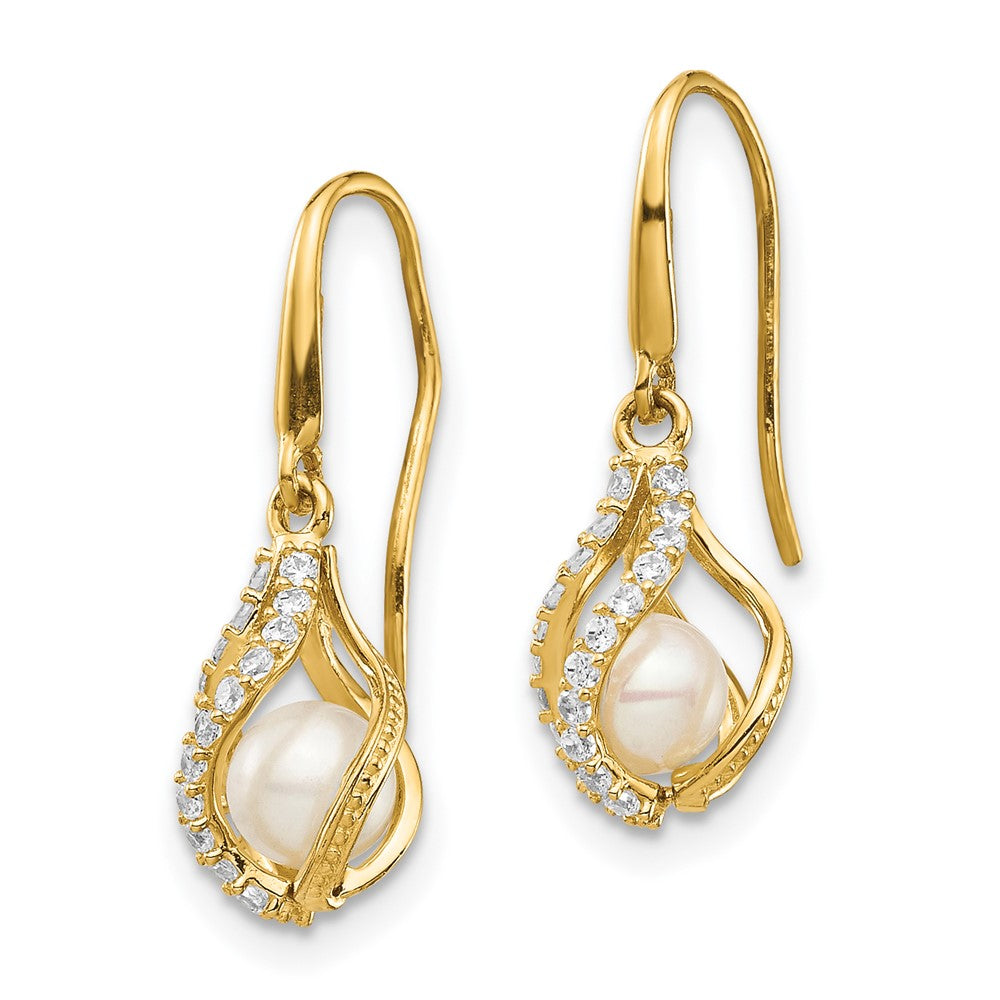 14K Yellow Gold White Freshwater Cultured Pearl Cz Cage Dangle Earrings