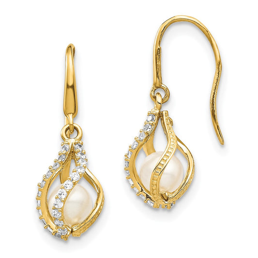 14K Yellow Gold White Freshwater Cultured Pearl Cz Cage Dangle Earrings
