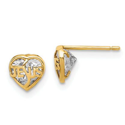 14K Yellow Gold Madi K Cz Jesus Heart Post Earrings