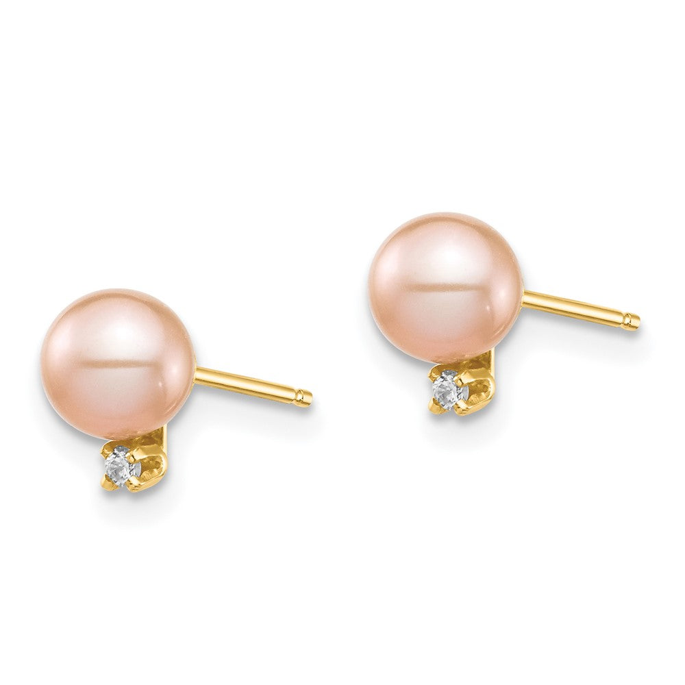 14K Yellow Gold Madi K 5 6mm Pink Round Freshwater Cultured Pearl And .02 Carat Diamond Post Earrings With Silicone Backs