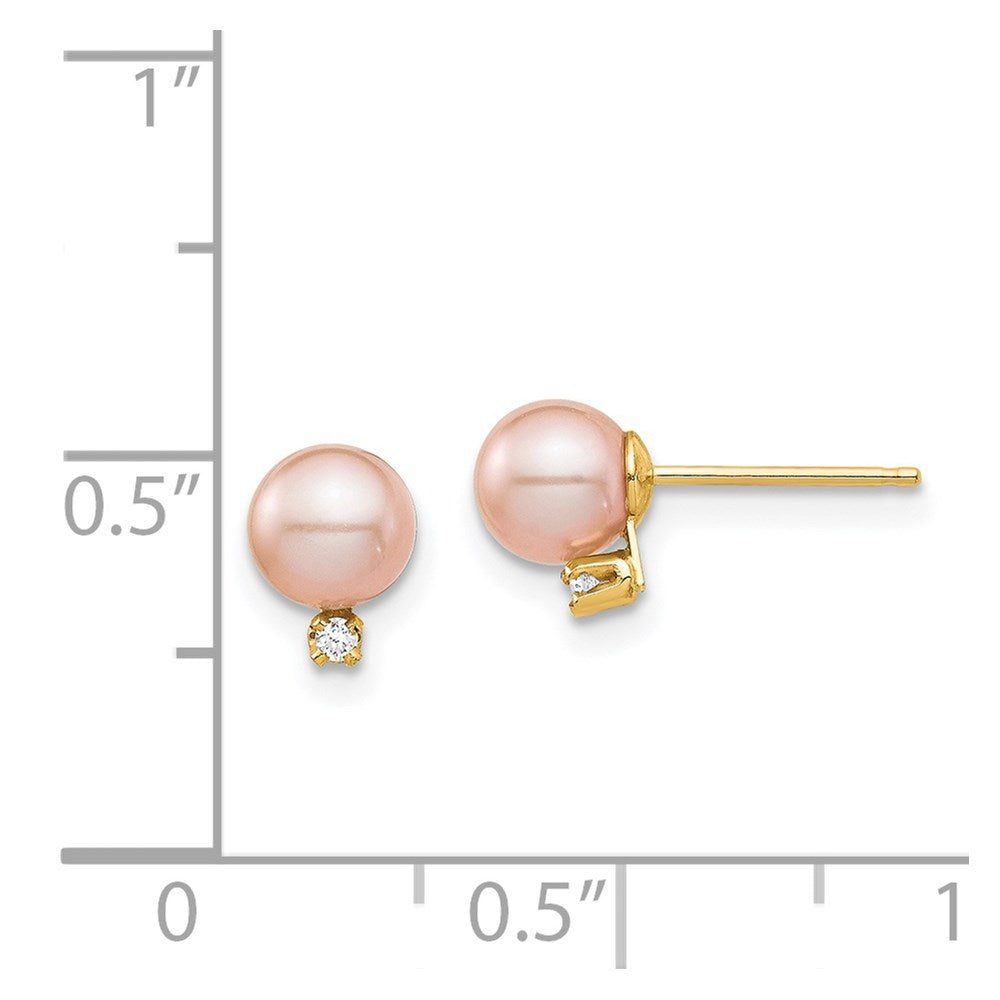 14K Yellow Gold Madi K 5 6mm Pink Round Freshwater Cultured Pearl And .02 Carat Diamond Post Earrings With Silicone Backs