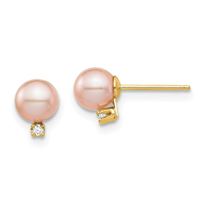 14K Yellow Gold Madi K 5 6mm Pink Round Freshwater Cultured Pearl And .02 Carat Diamond Post Earrings With Silicone Backs