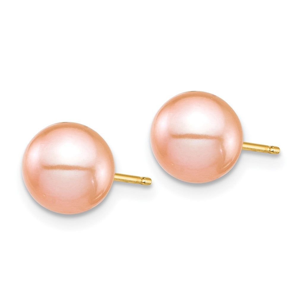 14K Yellow Gold Madi K 7-8mm Pink Round Freshwater Cultured Pearl Stud Post Earrings