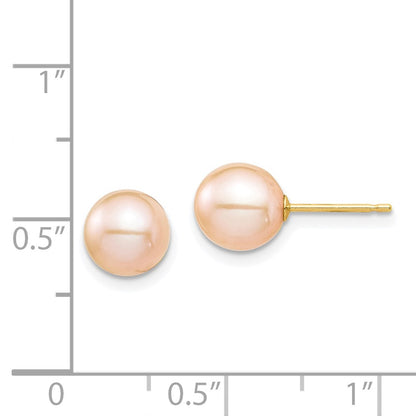 14K Yellow Gold Madi K 7-8mm Pink Round Freshwater Cultured Pearl Stud Post Earrings