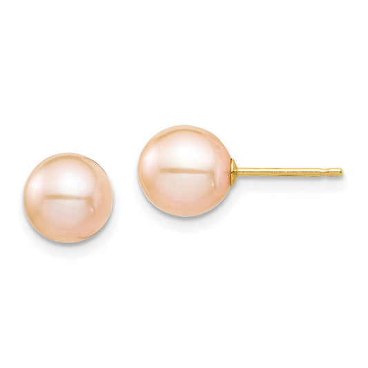 14K Yellow Gold Madi K 7-8mm Pink Round Freshwater Cultured Pearl Stud Post Earrings
