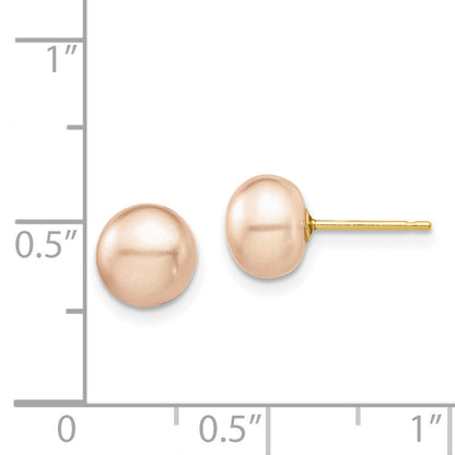14K Yellow Gold Madi K 7-8mm Pink Button Freshwater Cultured Pearl Stud Post Earrings