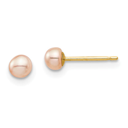 14K Yellow Gold Madi K 3-4mm Pink Button Freshwater Cultured Pearl Stud Post Earrings
