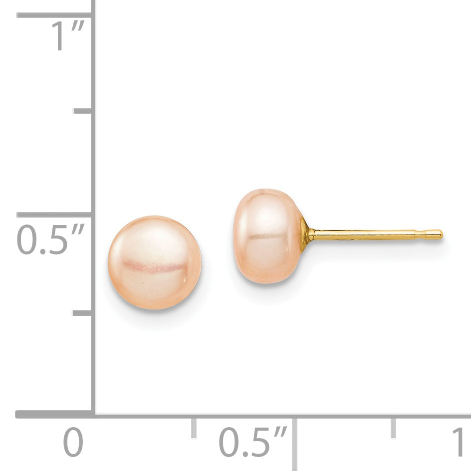 14K Yellow Gold Madi K 6-7mm Pink Button Freshwater Cultured Pearl Stud Post Earrings