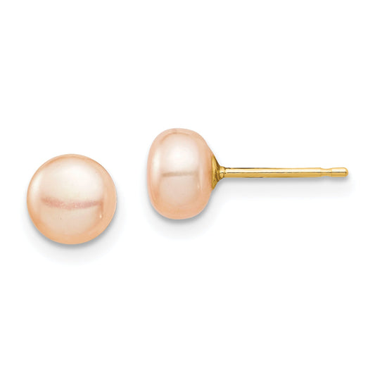 14K Yellow Gold Madi K 6-7mm Pink Button Freshwater Cultured Pearl Stud Post Earrings