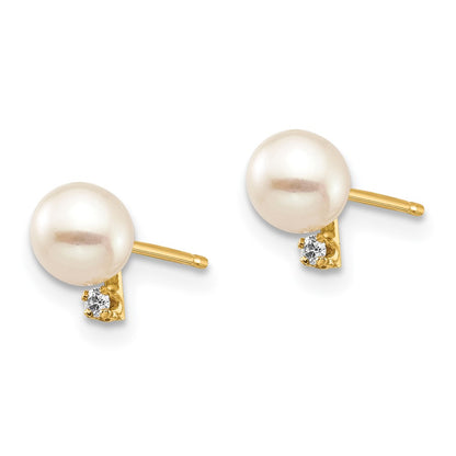 14K Yellow Gold Madi K 4 5mm White Round Freshwater Cultured Pearl And .02 Carat Diamond Post Earrings With Silicone Backs