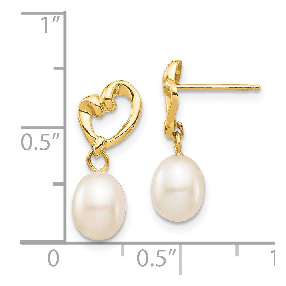 14K Yellow Gold Madi K 5-6mm White Rice Fwc Pearl Heart Dangle Earrings