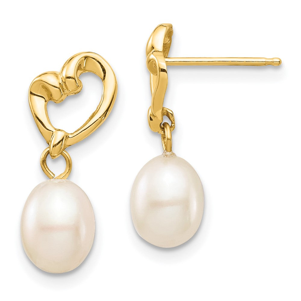 14K Yellow Gold Madi K 5-6mm White Rice Fwc Pearl Heart Dangle Earrings