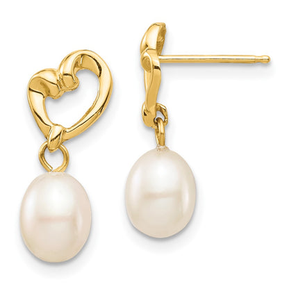 14K Yellow Gold Madi K 5-6mm White Rice Fwc Pearl Heart Dangle Earrings