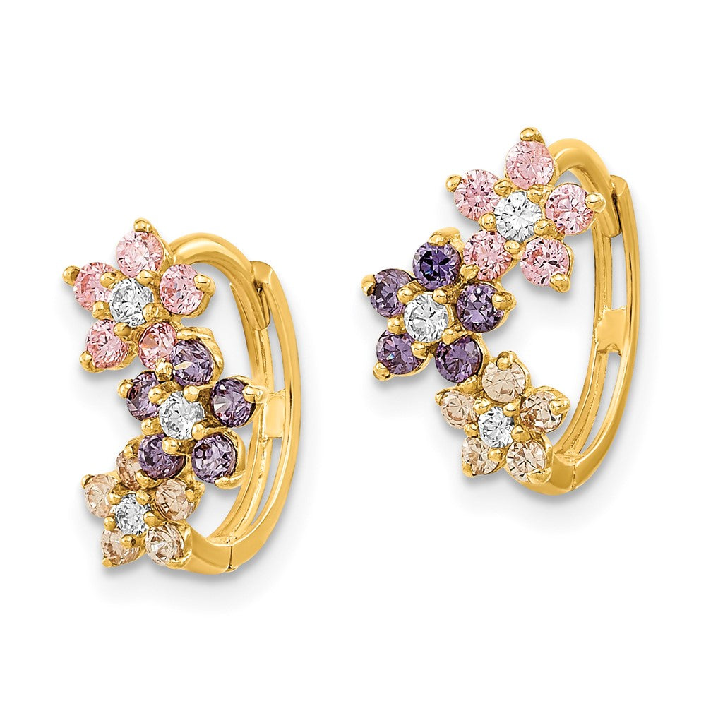 14K Yellow Gold Madi K Hinged Flower Multicolor Cz Hoop Earrings