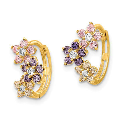 14K Yellow Gold Madi K Hinged Flower Multicolor Cz Hoop Earrings