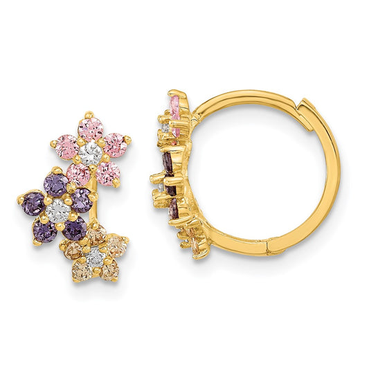 14K Yellow Gold Madi K Hinged Flower Multicolor Cz Hoop Earrings