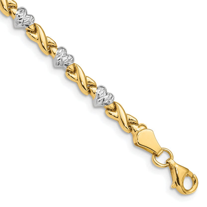 7 Inch 14K W/Rhodium Polished Heart And X Bracelet