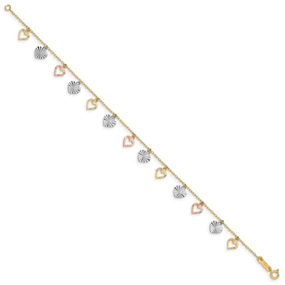 7.25 Inch 14K Tri-Color Heart Bracelet