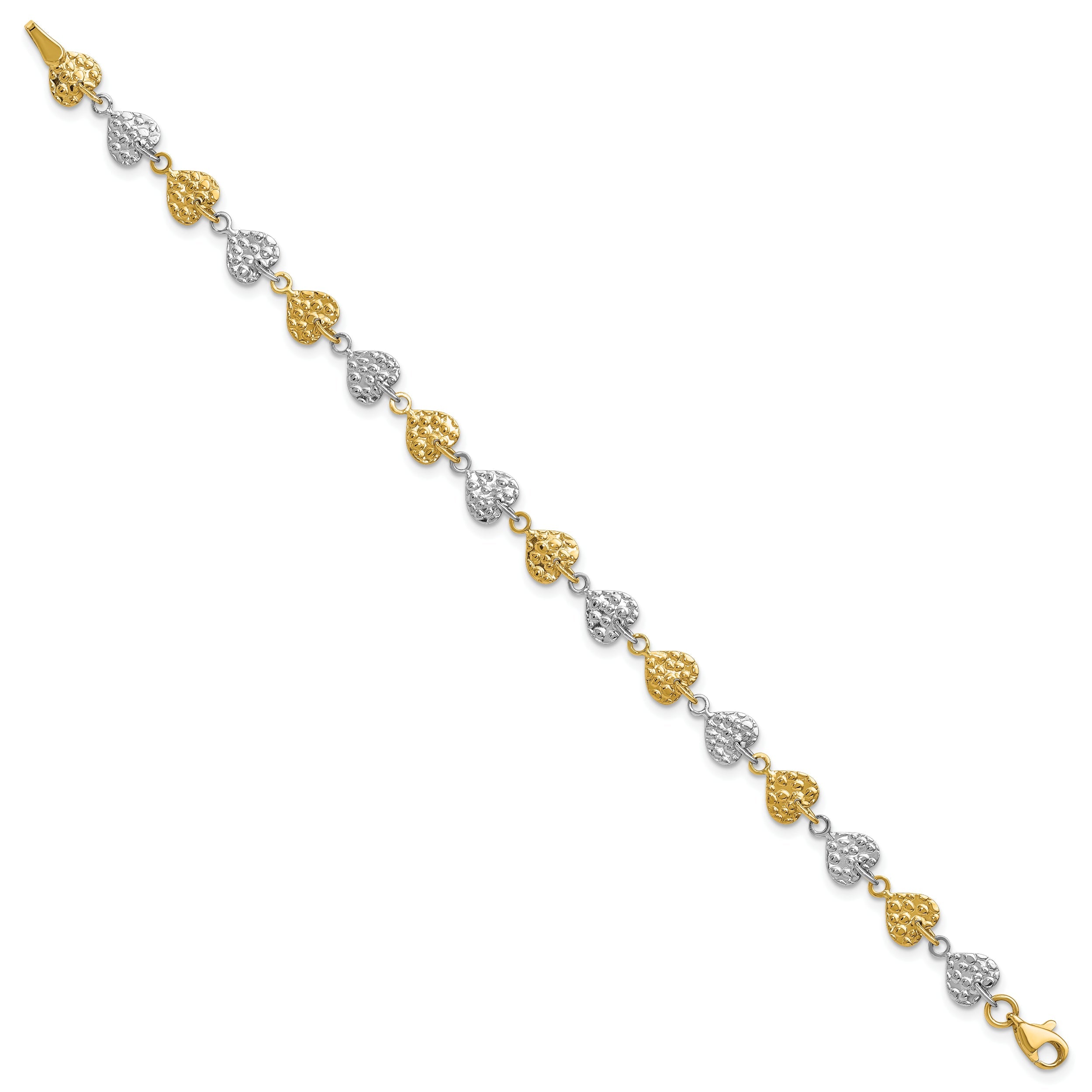 7 Inch 14K Two-Tone Hammered Hearts Bracelet