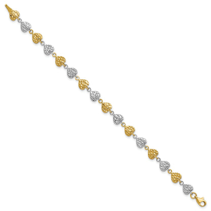 7 Inch 14K Two-Tone Hammered Hearts Bracelet