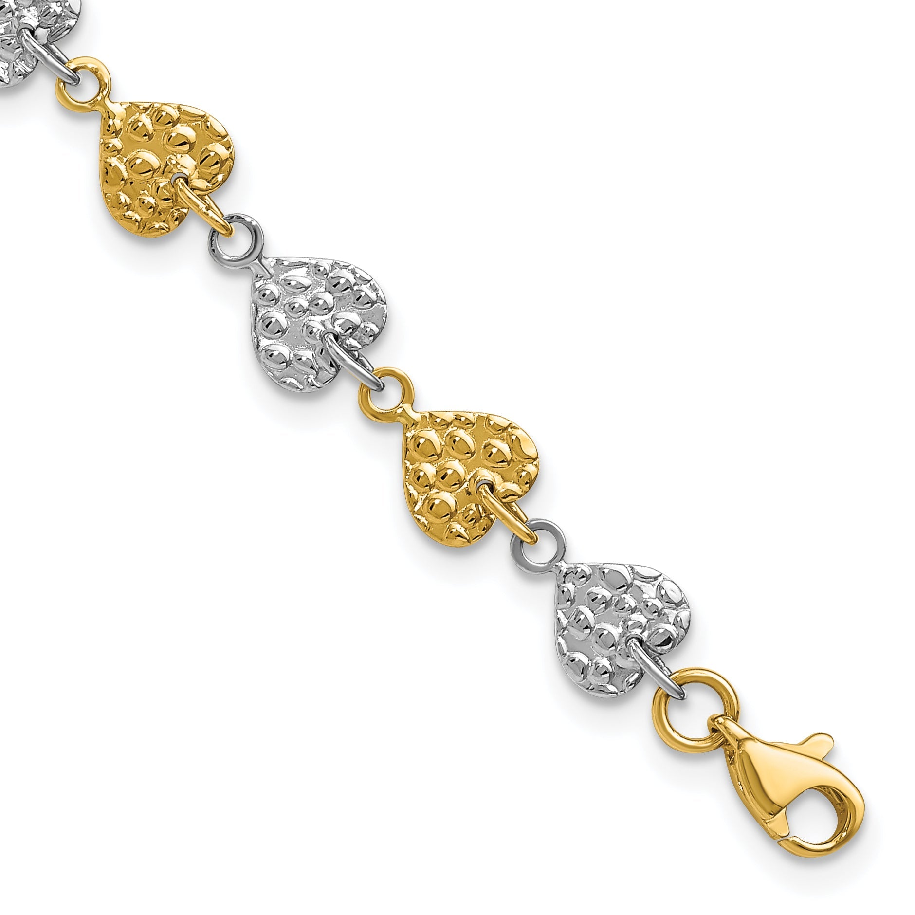 7 Inch 14K Two-Tone Hammered Hearts Bracelet