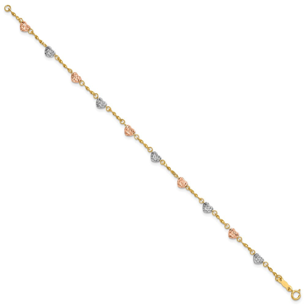 7 Inch 14K Tri-Color Diamond-Cut Puff Heart Bracelet