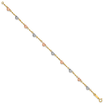 7 Inch 14K Tri-Color Diamond-Cut Puff Heart Bracelet