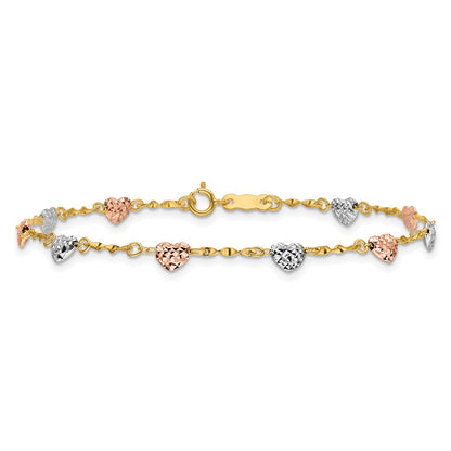 7 Inch 14K Tri-Color Diamond-Cut Puff Heart Bracelet