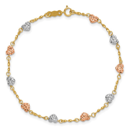 7 Inch 14K Tri-Color Diamond-Cut Puff Heart Bracelet