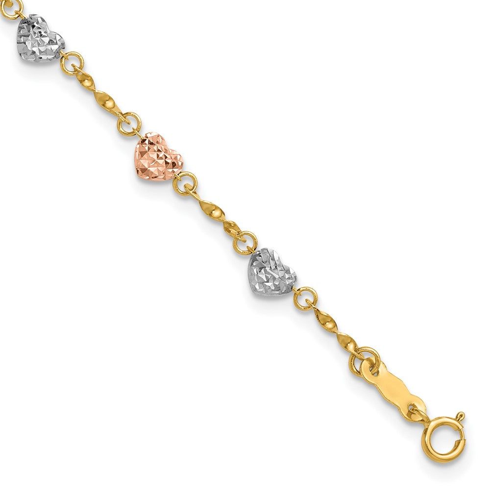 7 Inch 14K Tri-Color Diamond-Cut Puff Heart Bracelet
