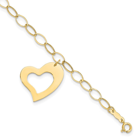 7.25 Inch 14K Yellow Gold Dangle Heart Bracelet