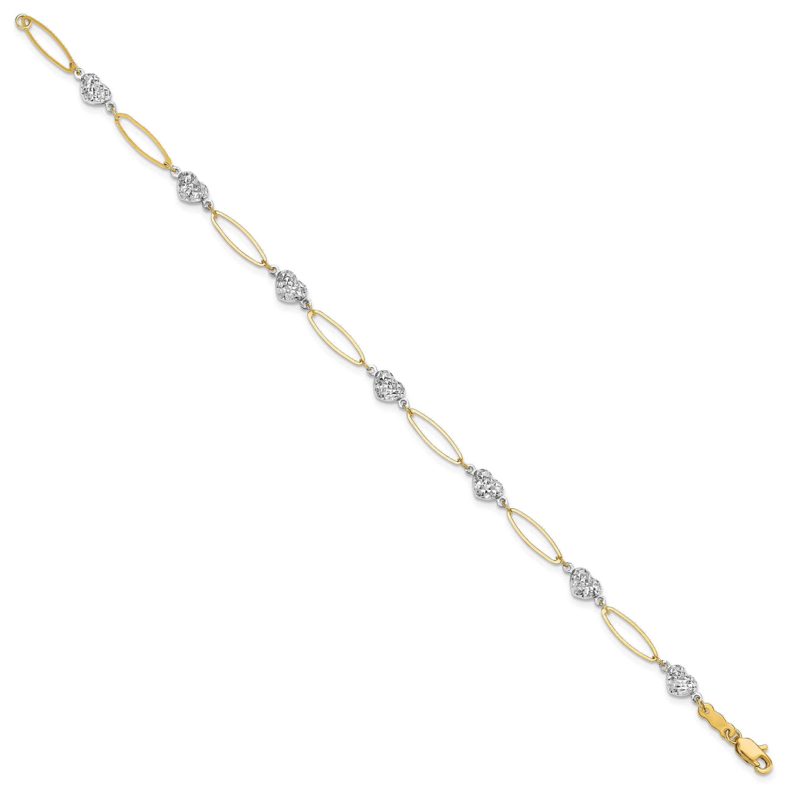 7.25 Inch 14K Two-Tone Puff Heart & Flat Oval Bracelet