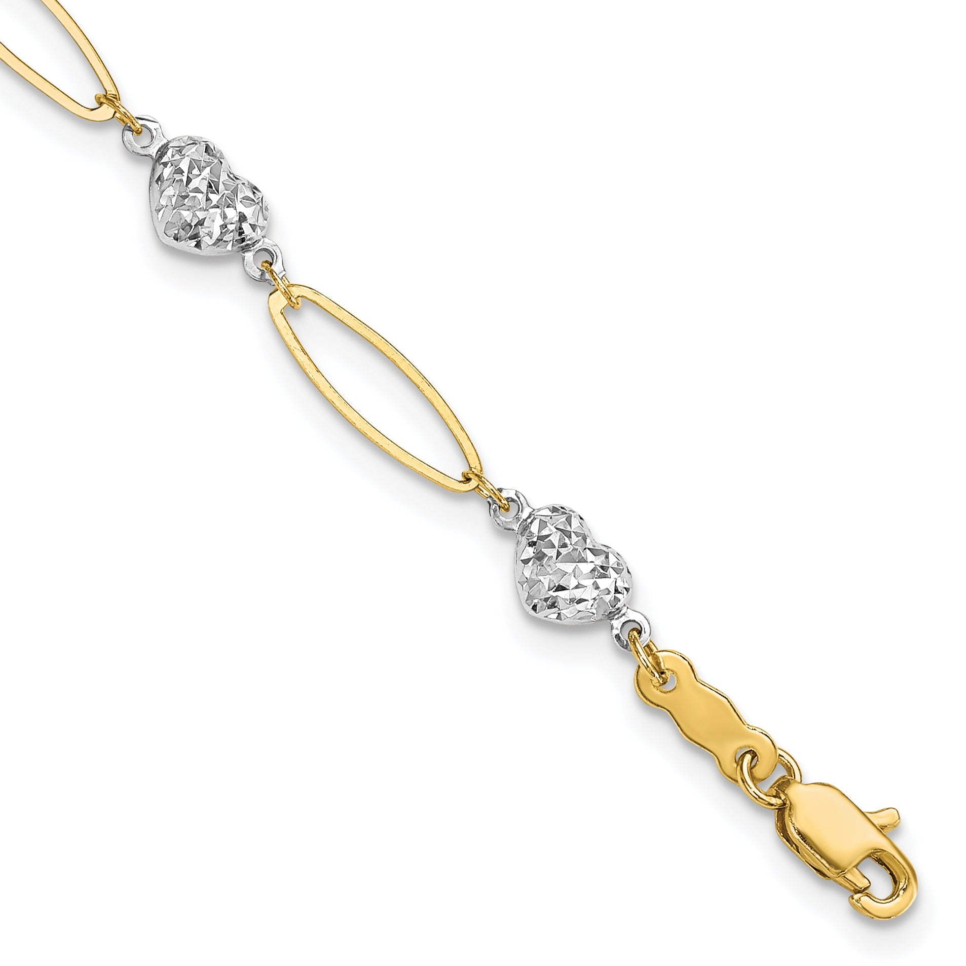 7.25 Inch 14K Two-Tone Puff Heart & Flat Oval Bracelet