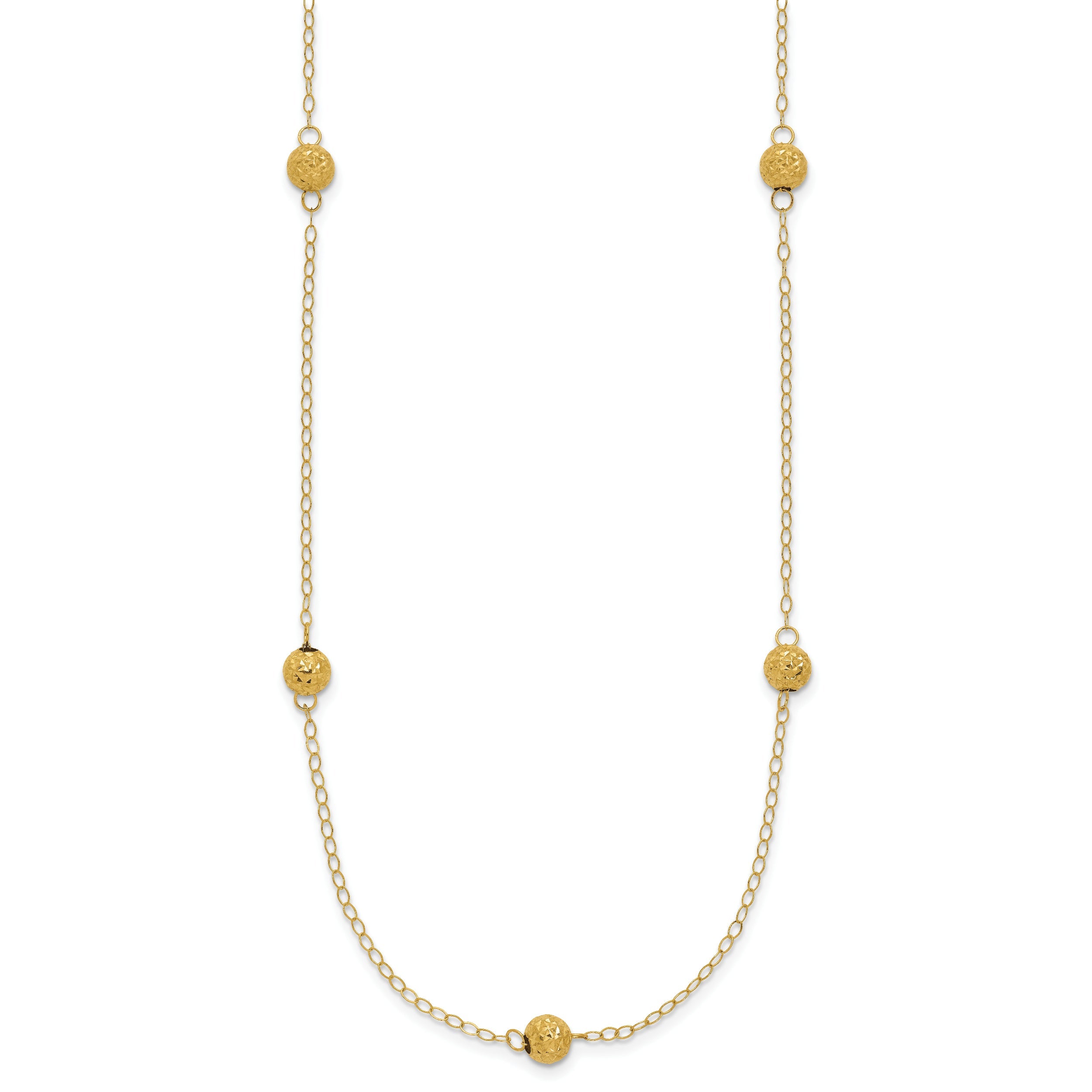 14K Yellow Gold Polished Textured Beads 7 Station 18 Inch Necklace