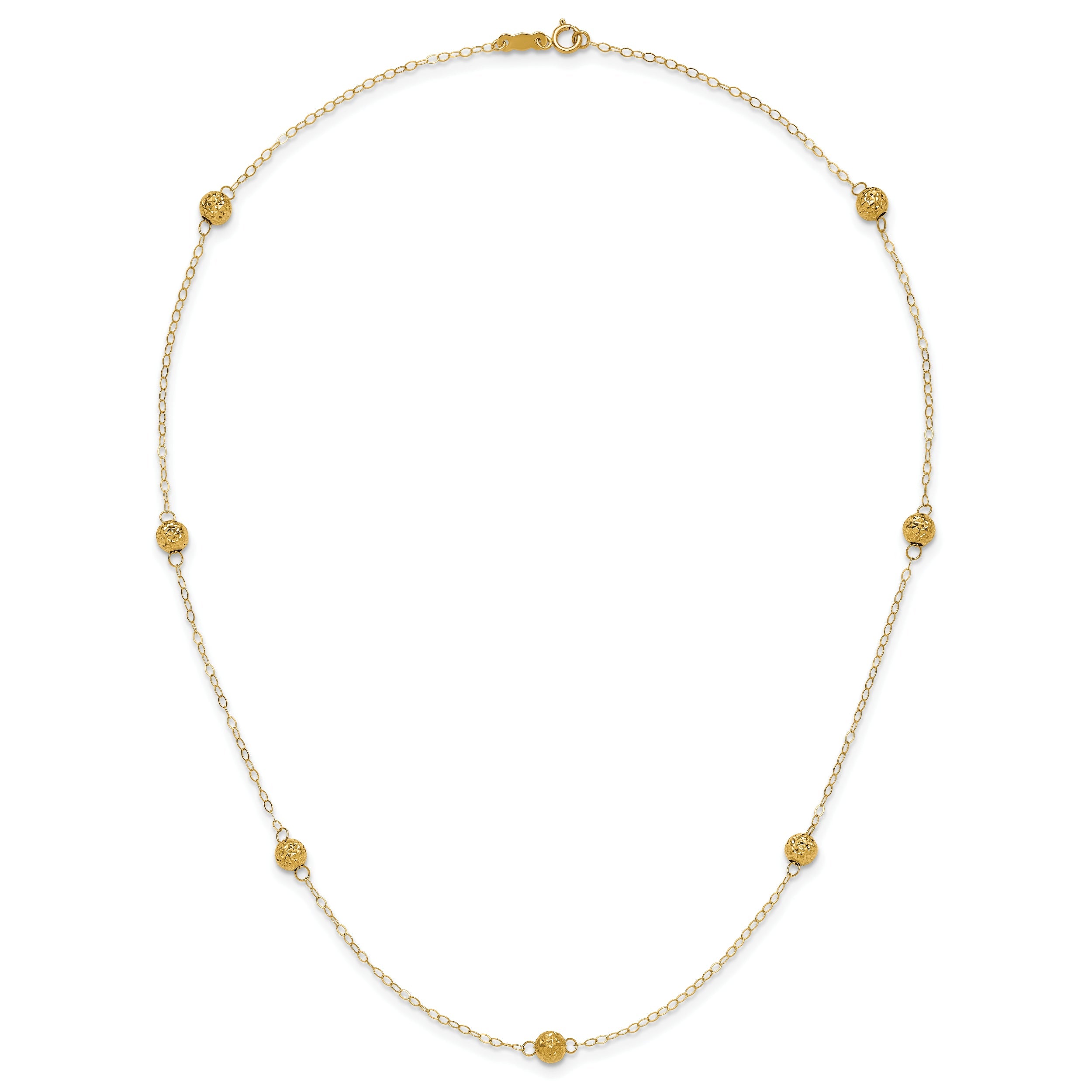 14K Yellow Gold Polished Textured Beads 7 Station 18 Inch Necklace