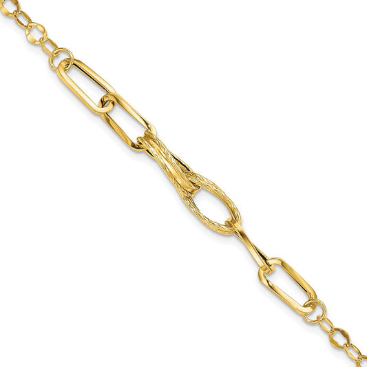 7.75 Inch 14K Gold Polished Textured Fancy Link Bracelet
