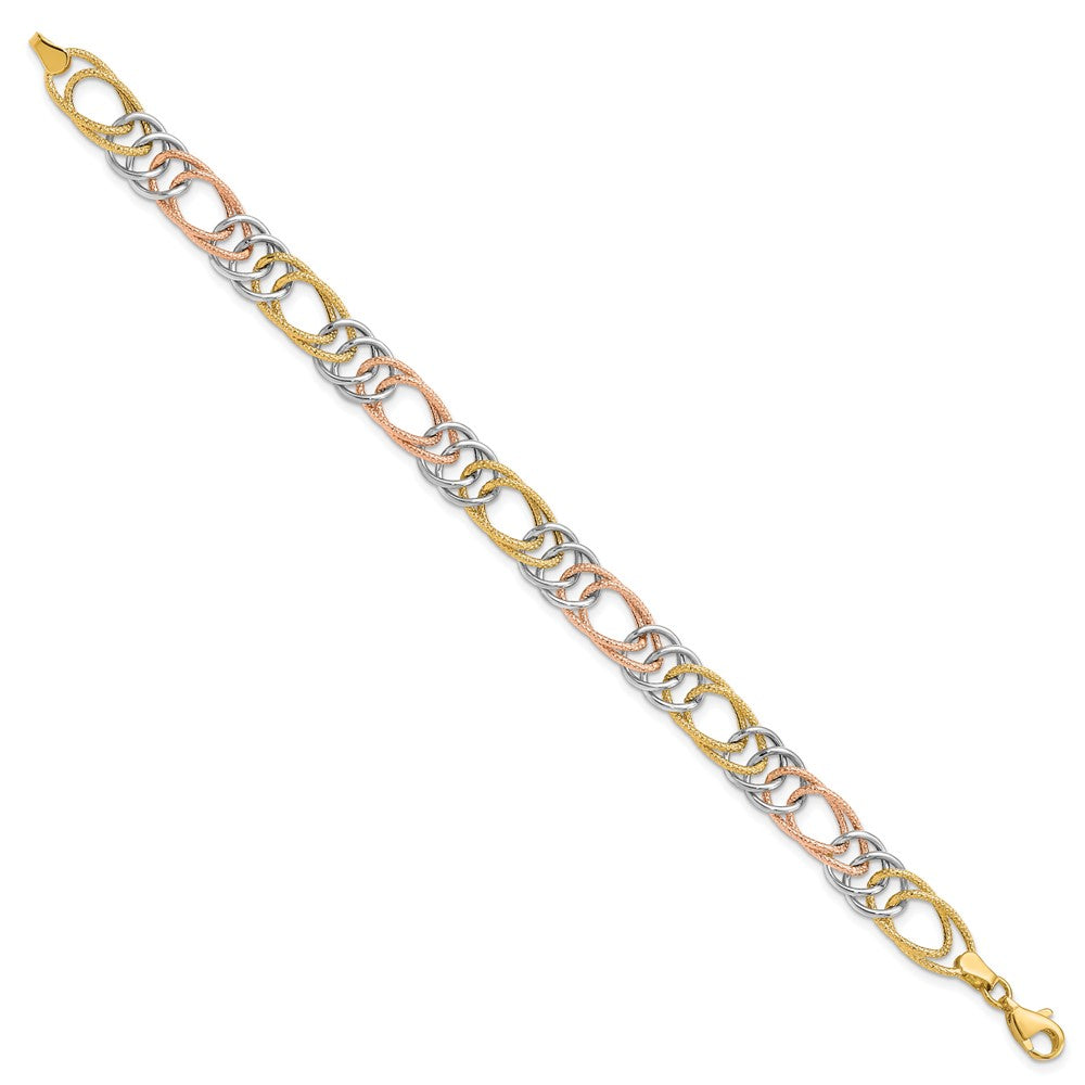 7.25 Inch 14K Tri-Color Polished/Textured Fancy Double Link Bracelet