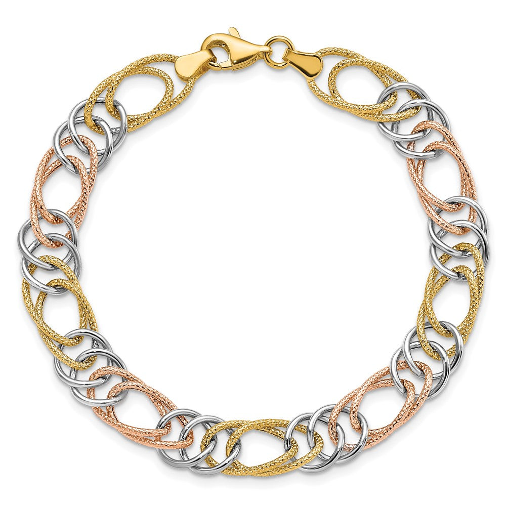 7.25 Inch 14K Tri-Color Polished/Textured Fancy Double Link Bracelet