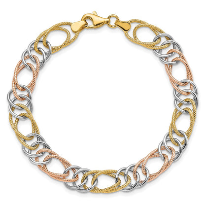 7.25 Inch 14K Tri-Color Polished/Textured Fancy Double Link Bracelet
