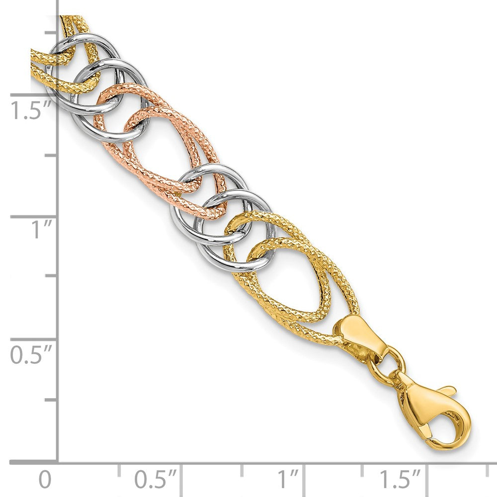 7.25 Inch 14K Tri-Color Polished/Textured Fancy Double Link Bracelet