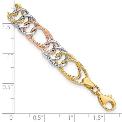 7.25 Inch 14K Tri-Color Polished/Textured Fancy Double Link Bracelet