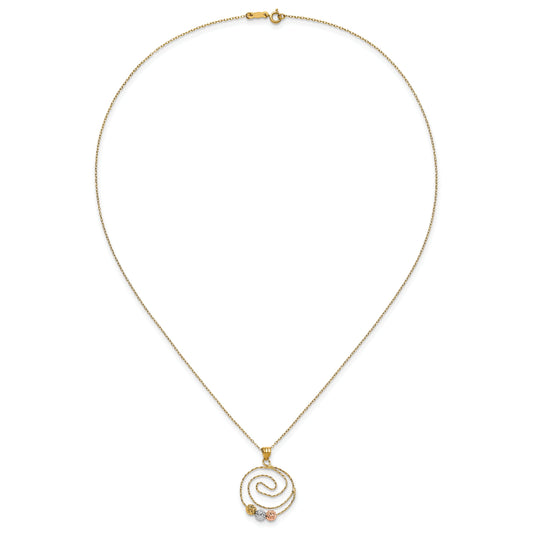 14K Tri-Color D/C Beads On Spiral Pendant Necklace