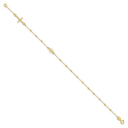 14K Yellow Gold Polished Cross Rosary 7.5 Inch Bracelet