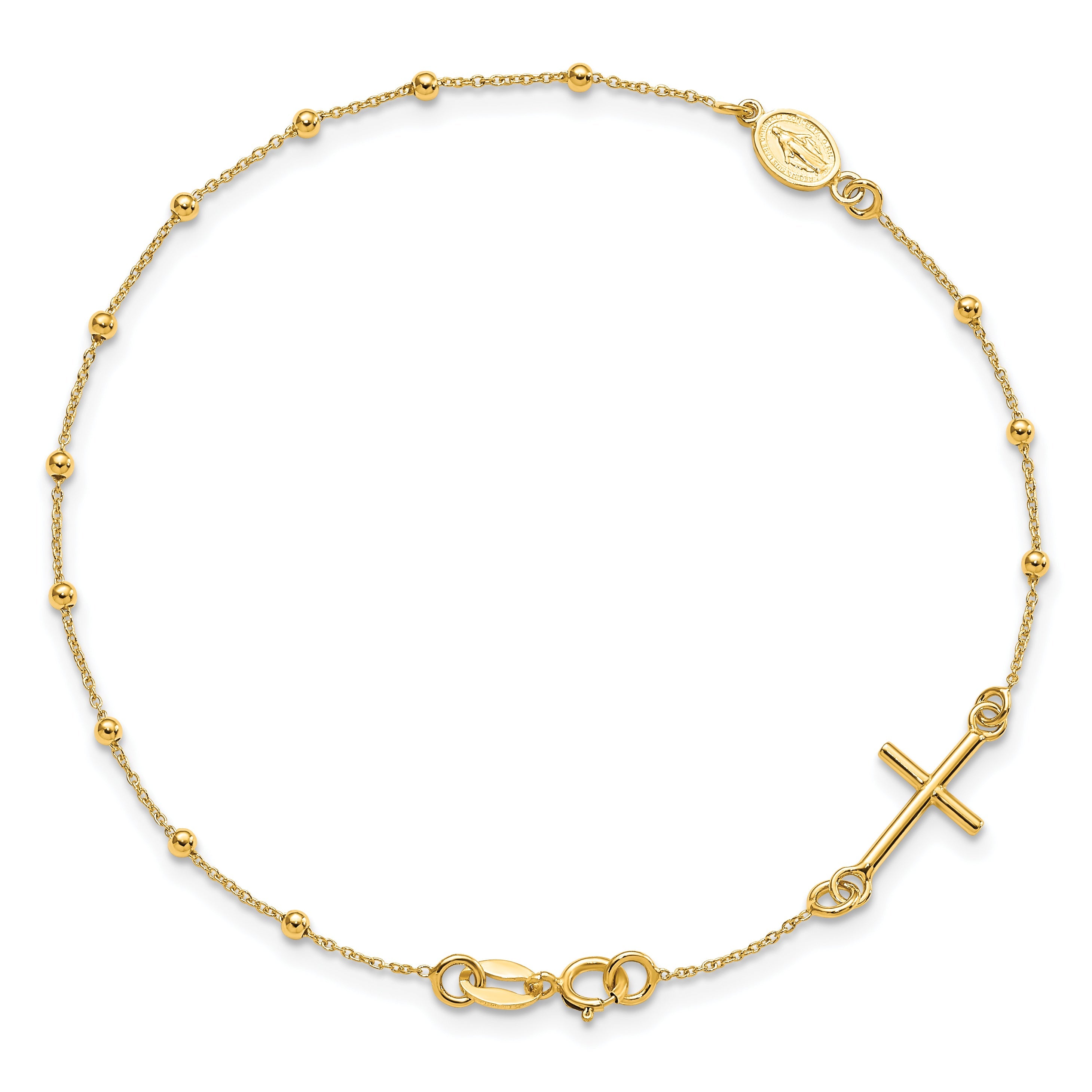 14K Yellow Gold Polished Cross Rosary 7.5 Inch Bracelet